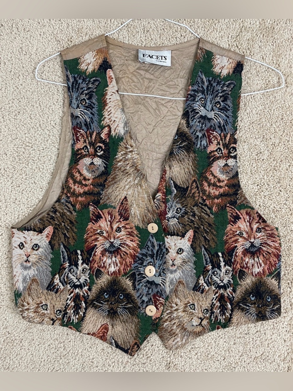 VTG 90s Facets by Mirrors Cat Vest Women Sz Large Woven Kittens